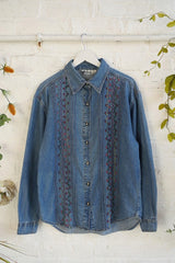 Vintage Denim Shirt - Climbing Flower Embroidery - Free Size M