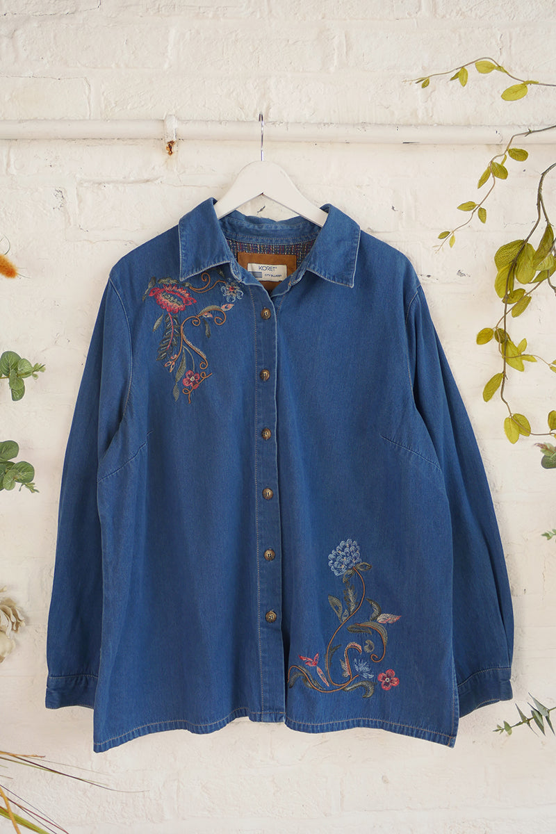 Vintage Denim Shirt - Retro Western Blue Floral - Size 3XL