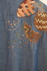 Vintage Denim Shirt - Y2K Frayed Floral - Free Size M/L
