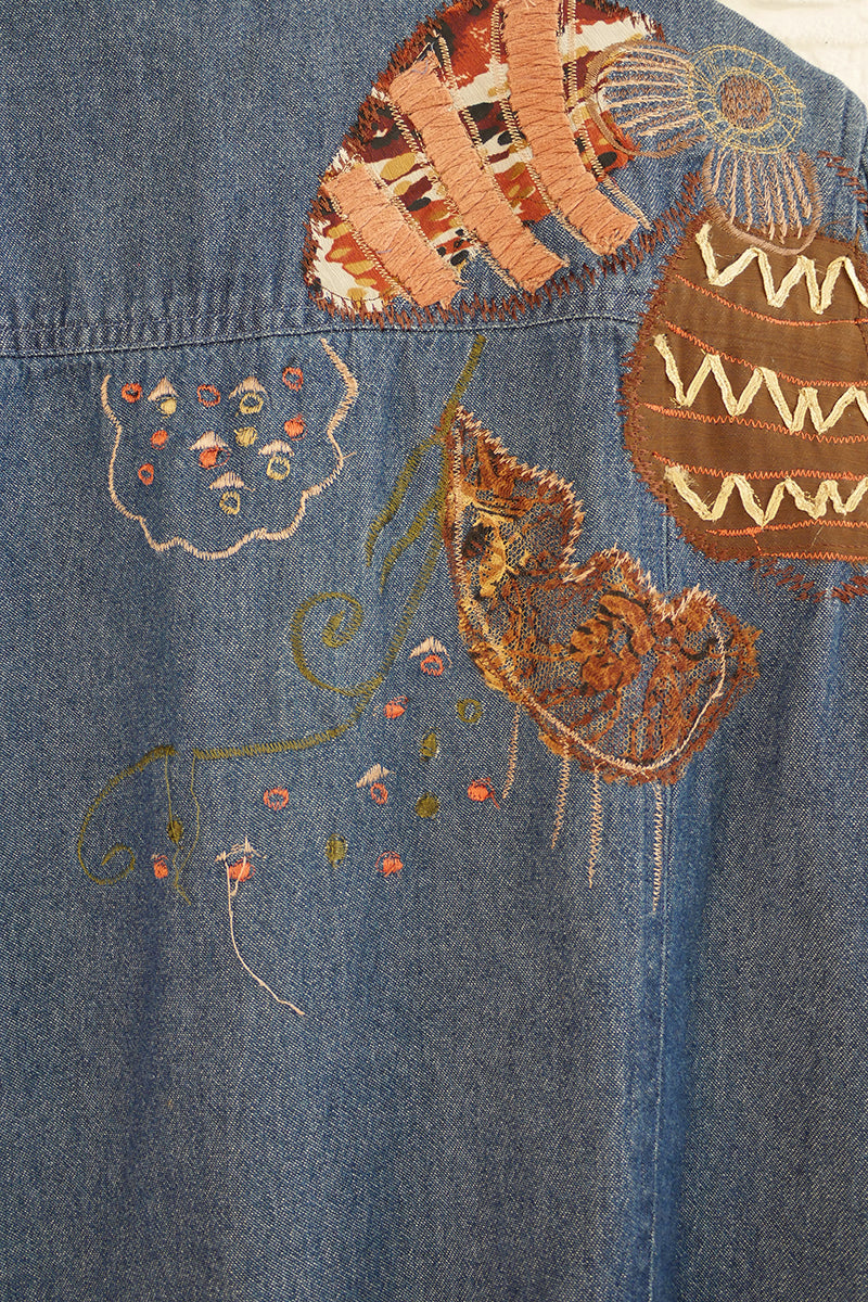 Vintage Denim Shirt - Y2K Frayed Floral - Free Size M/L