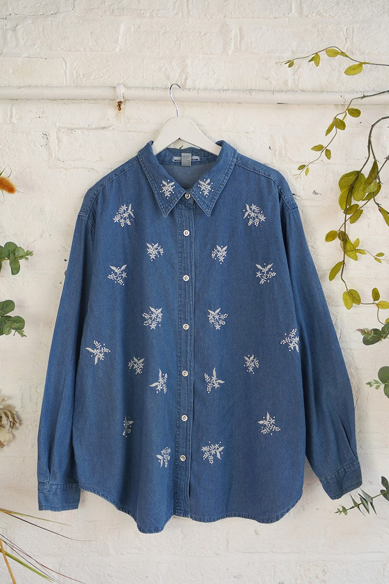 Vintage Denim Shirt - Snowdrop Beaded Buds - Free Size 4XL