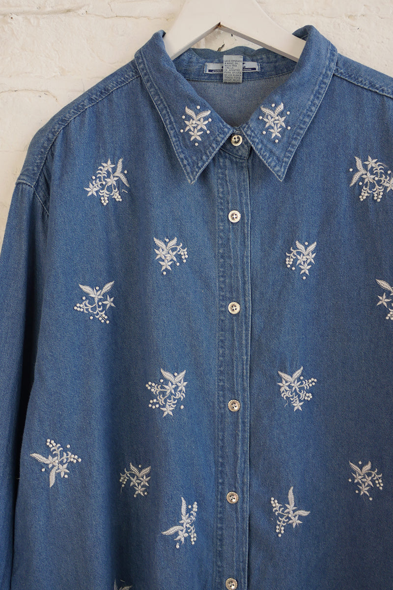 Vintage Denim Shirt - Snowdrop Beaded Buds - Free Size 4XL