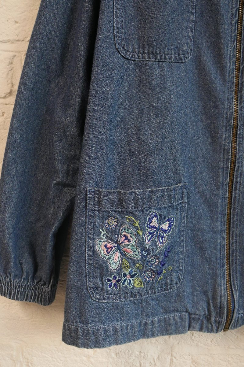 Vintage Denim Jacket - Indigo Pastel Butterfly Embroidery - Size Free L/XL