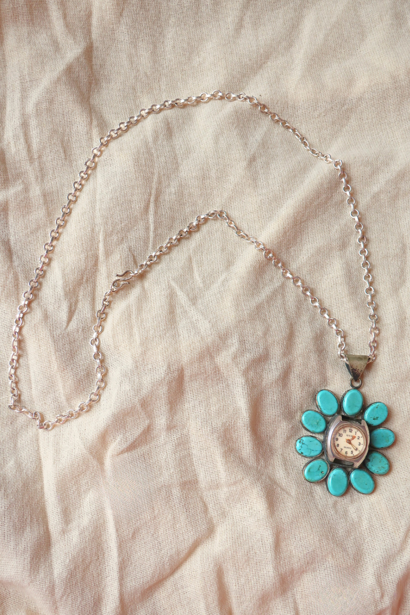Vintage Patina Flower Clock Necklace with Turquoise Petals