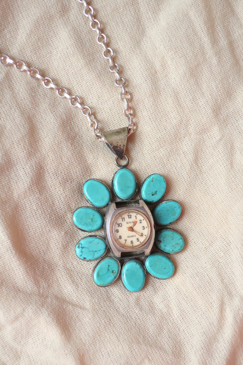 Vintage Patina Flower Clock Necklace with Turquoise Petals