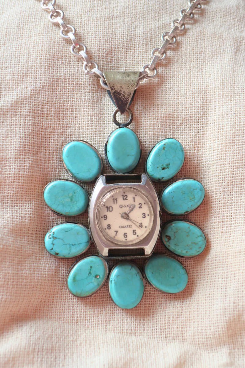 Vintage Patina Flower Clock Necklace with Turquoise Petals