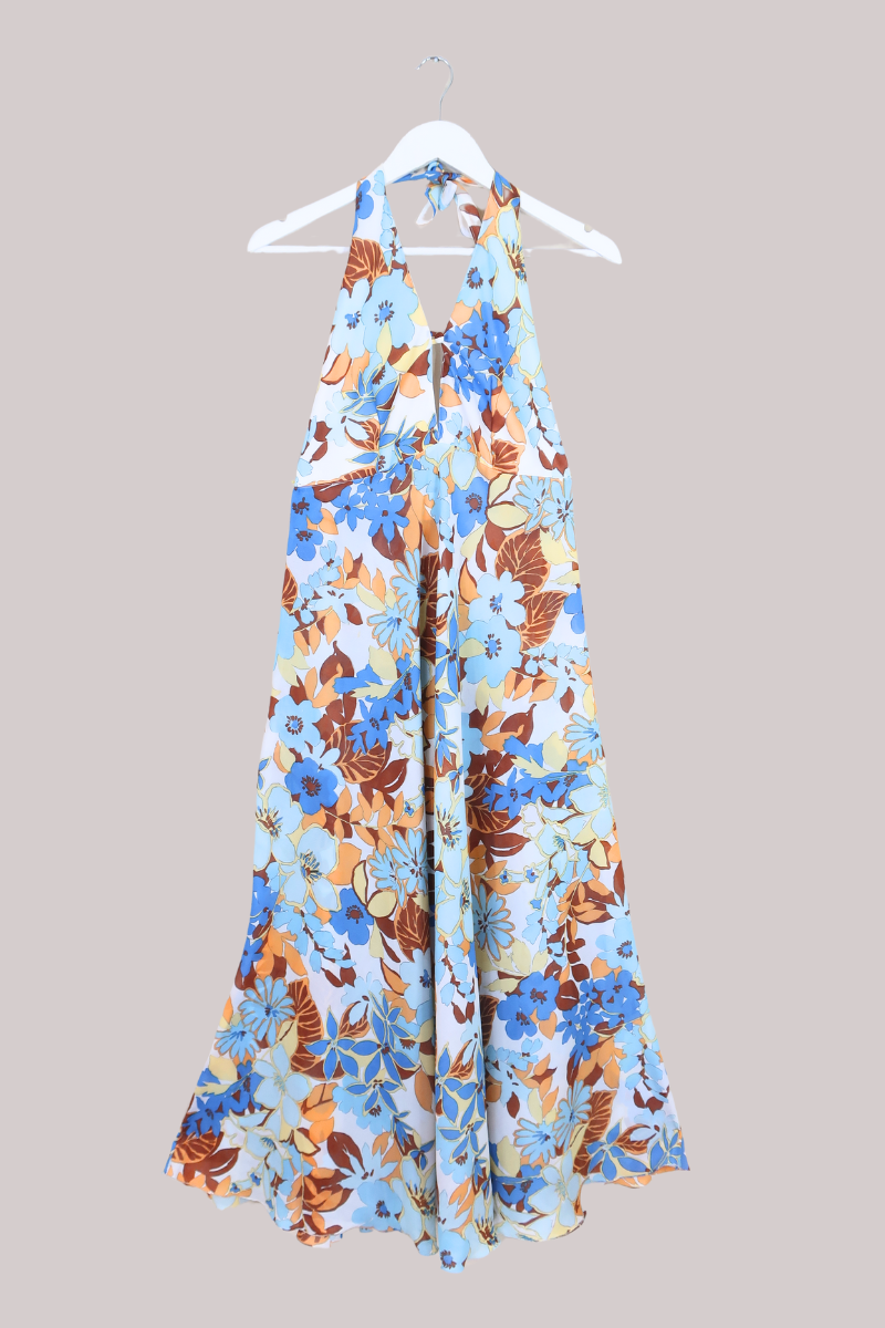 Vintage 70s Halter Dress - Powder Blue & Buff Brown Floral - Size XS-S by All About Audrey