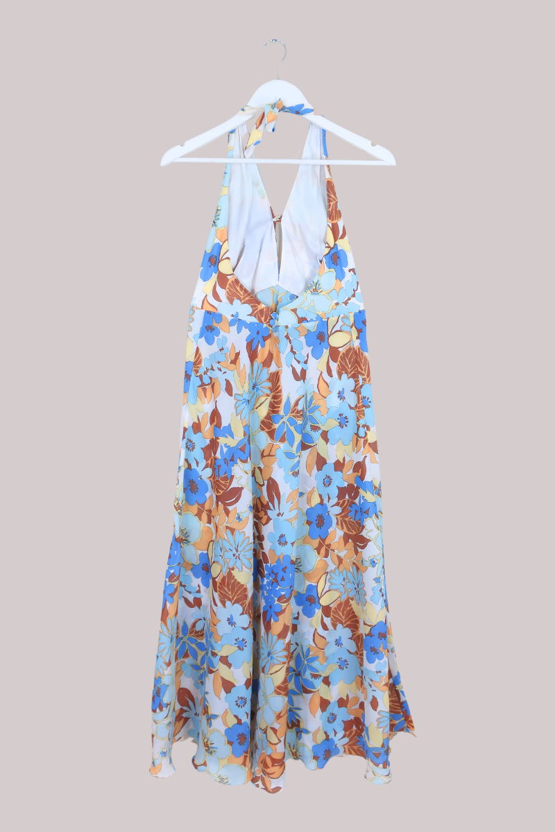 Vintage 70s Halter Dress - Powder Blue & Buff Brown Floral - Size XS-S by All About Audrey