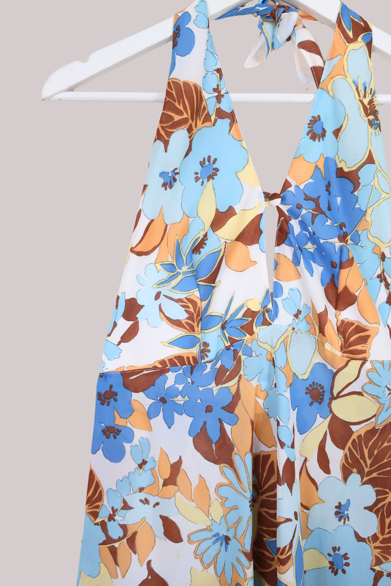 Vintage 70s Halter Dress - Powder Blue & Buff Brown Floral - Size XS-S by All About Audrey