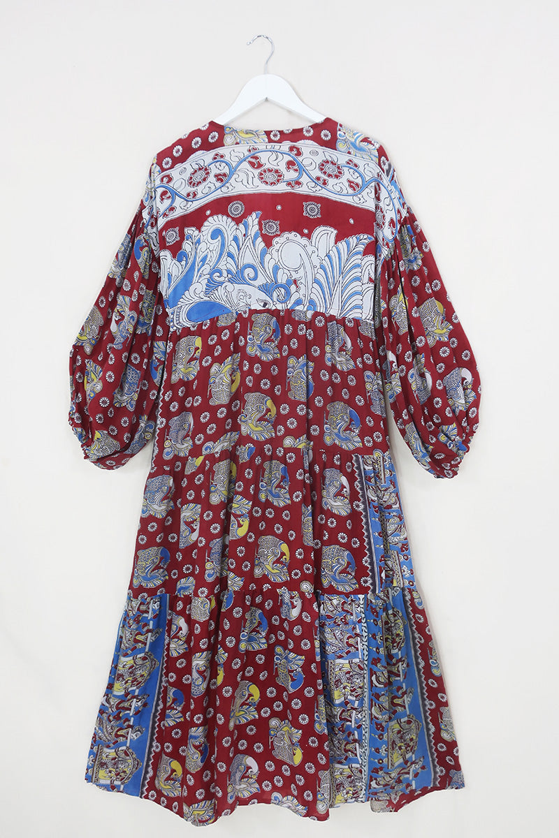 Gypsophila Maxi Dress - Vintage Indian Cotton - Pansy Red Peacock Block Print - Free Size