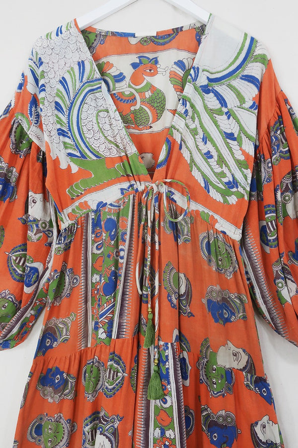 SALE | Gypsophila Maxi Smock Dress - Vintage Indian Cotton - Vivid Persimmon Portrait Motif - Free Size by All About Audrey