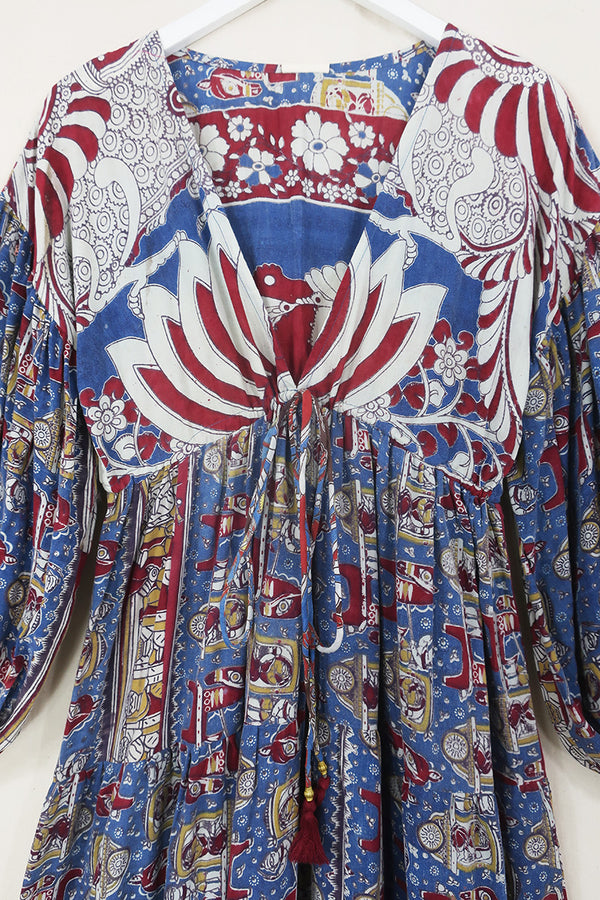 Gypsophila Maxi Dress - Vintage Indian Cotton - Cornflower & Ruby Rickshaw Print - Free Size By All About Audrey
