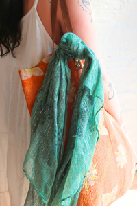 Vintage Indian Cotton Scarf in Teal Wildflowers