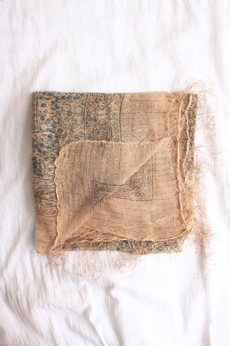 Vintage Indian Cotton Scarf in Apricot and Bluebell