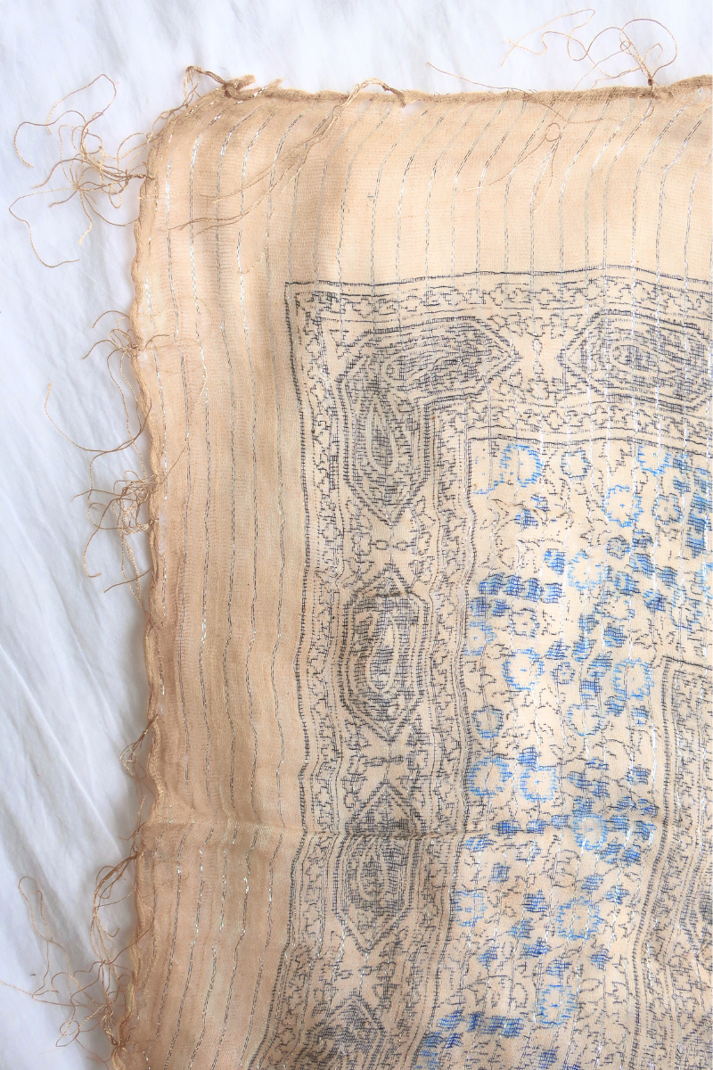 Vintage Indian Cotton Scarf in Apricot and Bluebell