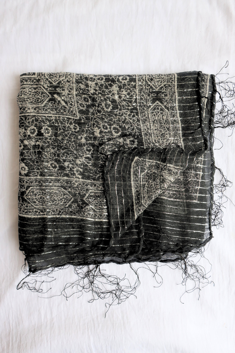 Vintage Indian Cotton Scarf in Obsidian