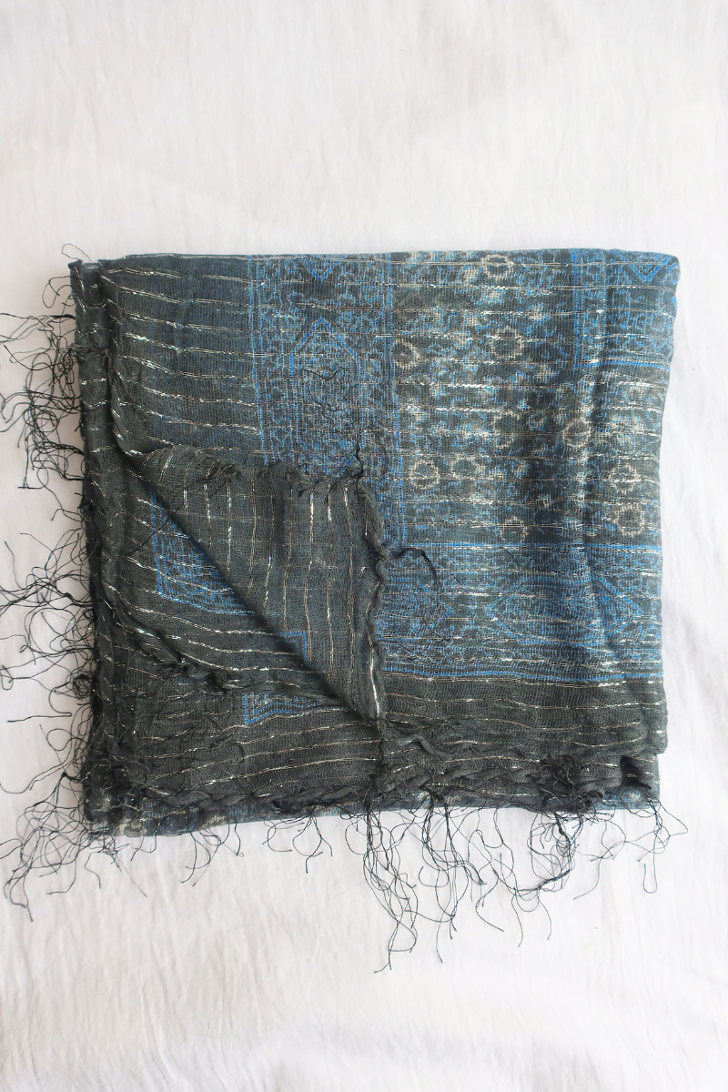 Vintage Indian Cotton Scarf in Deep Blues