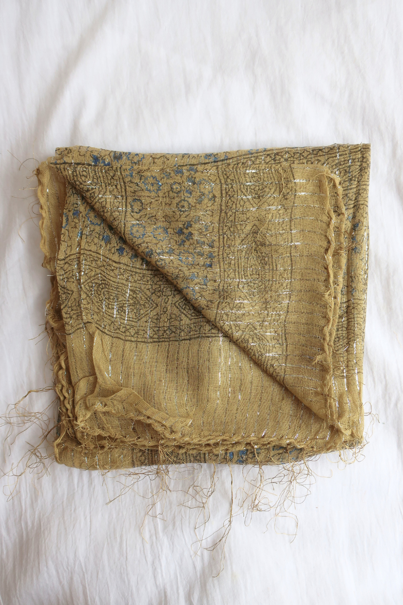 Vintage Indian Cotton Scarf in Gold and Sapphire