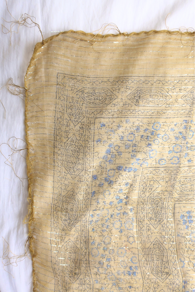 Vintage Indian Cotton Scarf in Gold and Sapphire