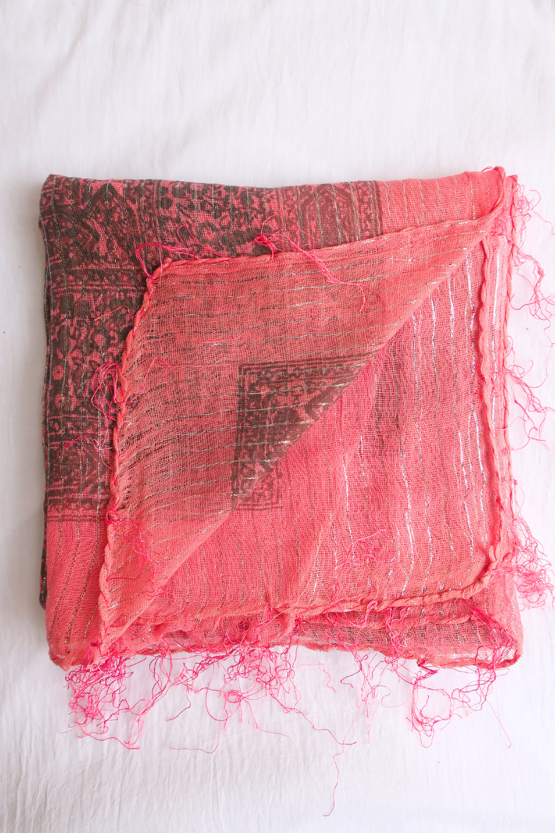 Vintage Indian Cotton Scarf in Pink Dahlia