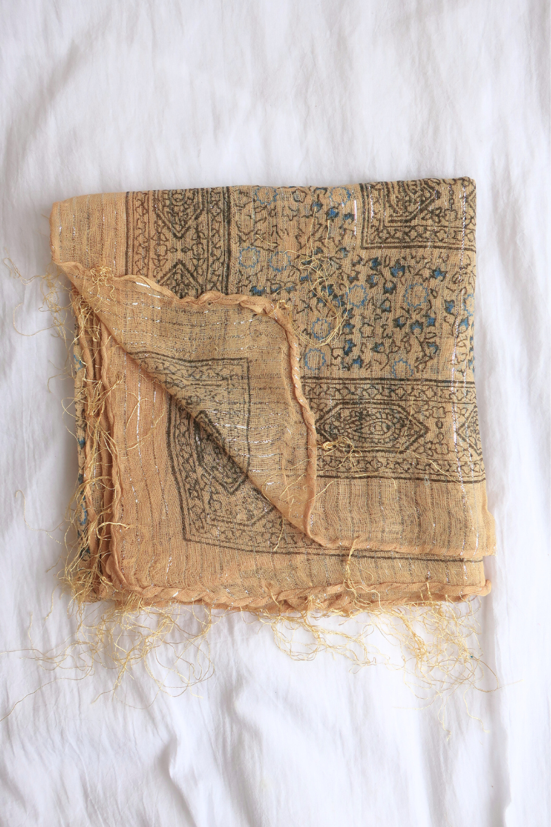 Vintage Indian Cotton Scarf in Sand and Sea