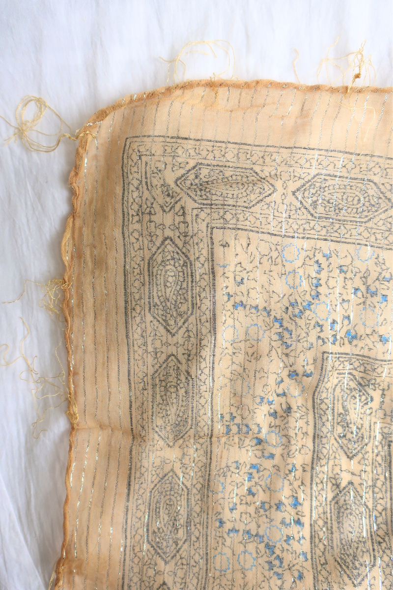Vintage Indian Cotton Scarf in Sand and Sea