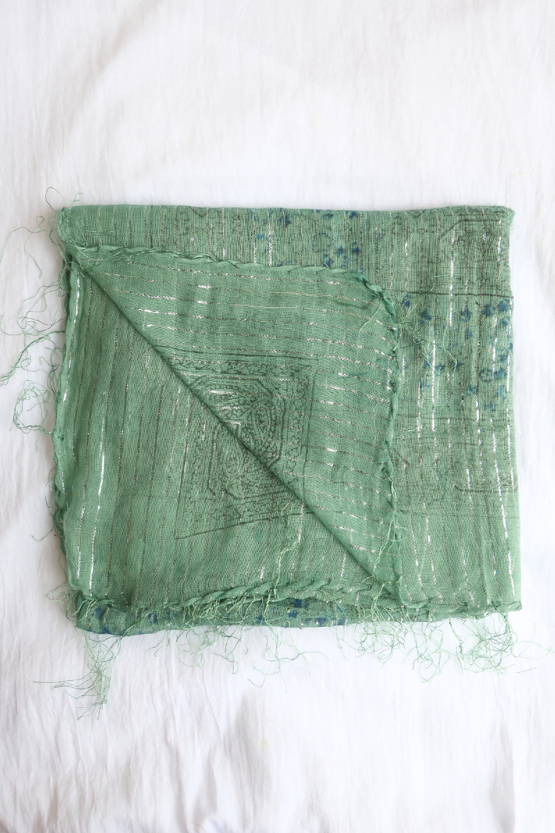 Vintage Indian Cotton Scarf in Teal Wildflowers