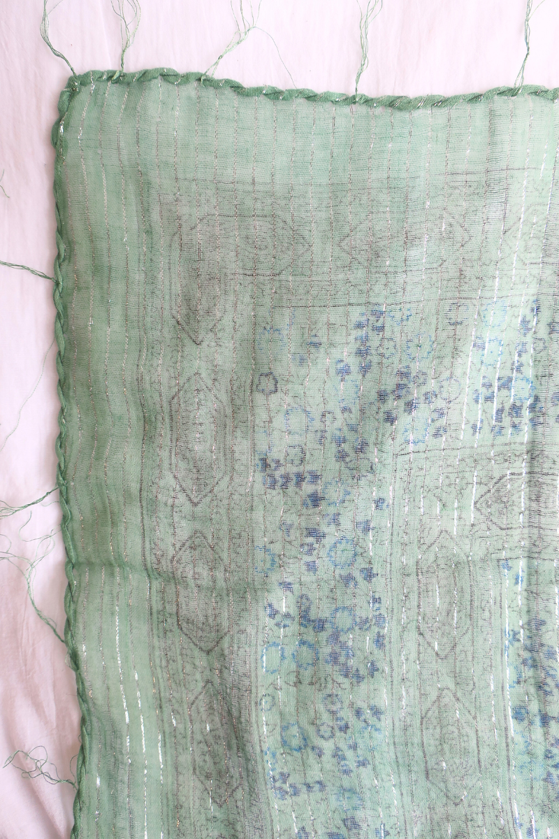 Vintage Indian Cotton Scarf in Teal Wildflowers