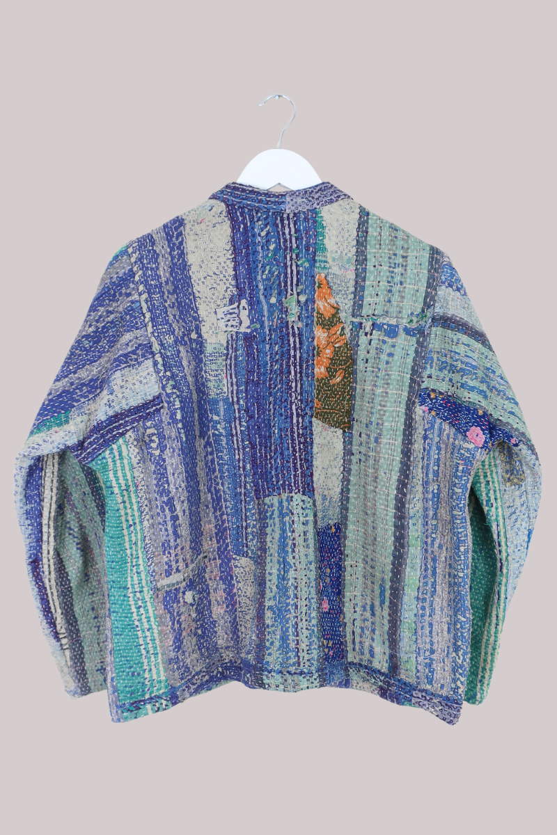 Vintage Kantha Liner Jacket in Hazy Shades Of Blue - Size M/L