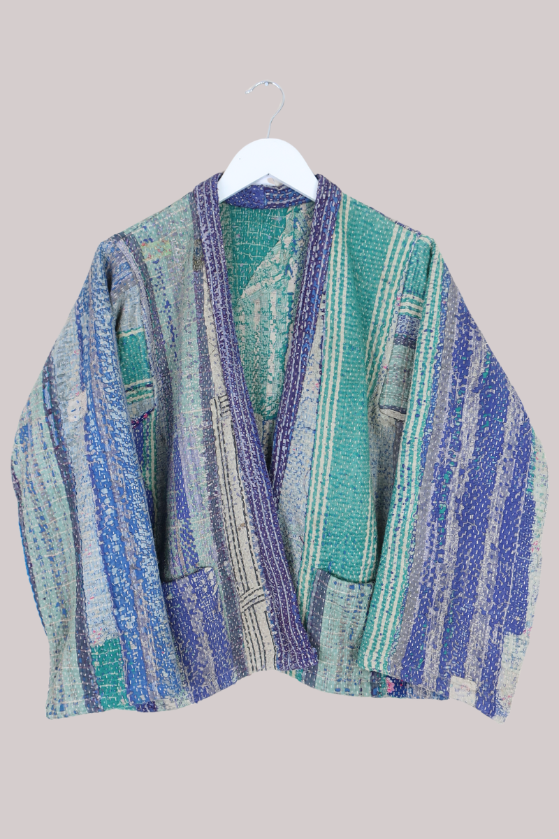 Vintage Kantha Liner Jacket in Hazy Shades Of Blue - Size M/L