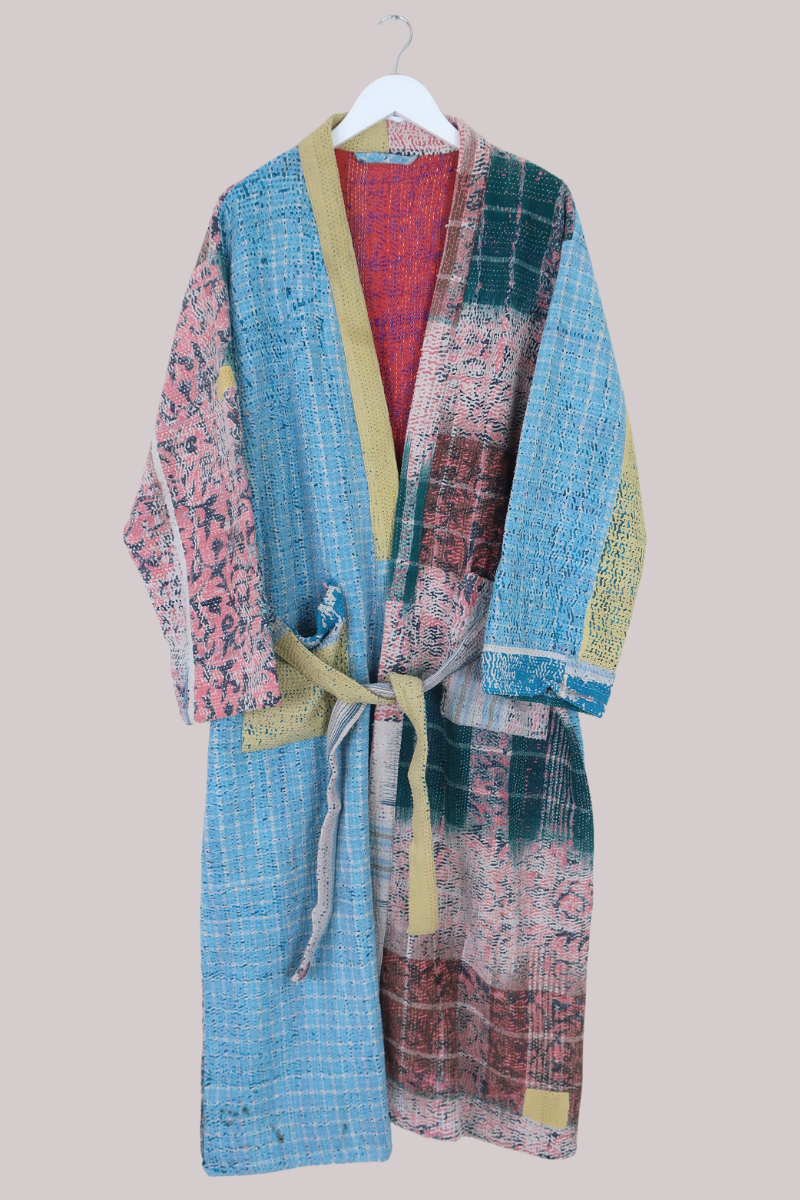 Vintage Kantha Robe in Vivid Plaid Patchwork - Free Size