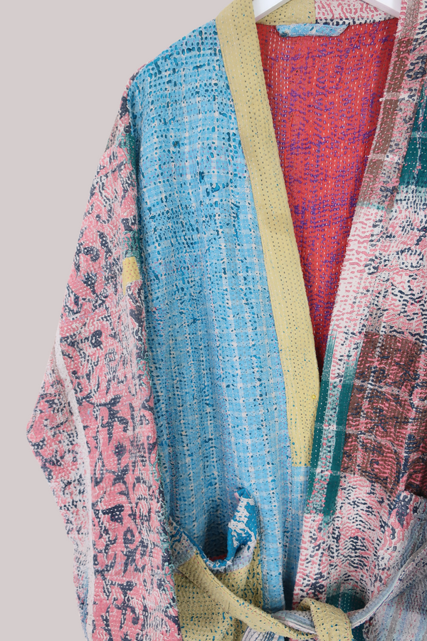 Vintage Kantha Robe in Vivid Plaid Patchwork - Free Size