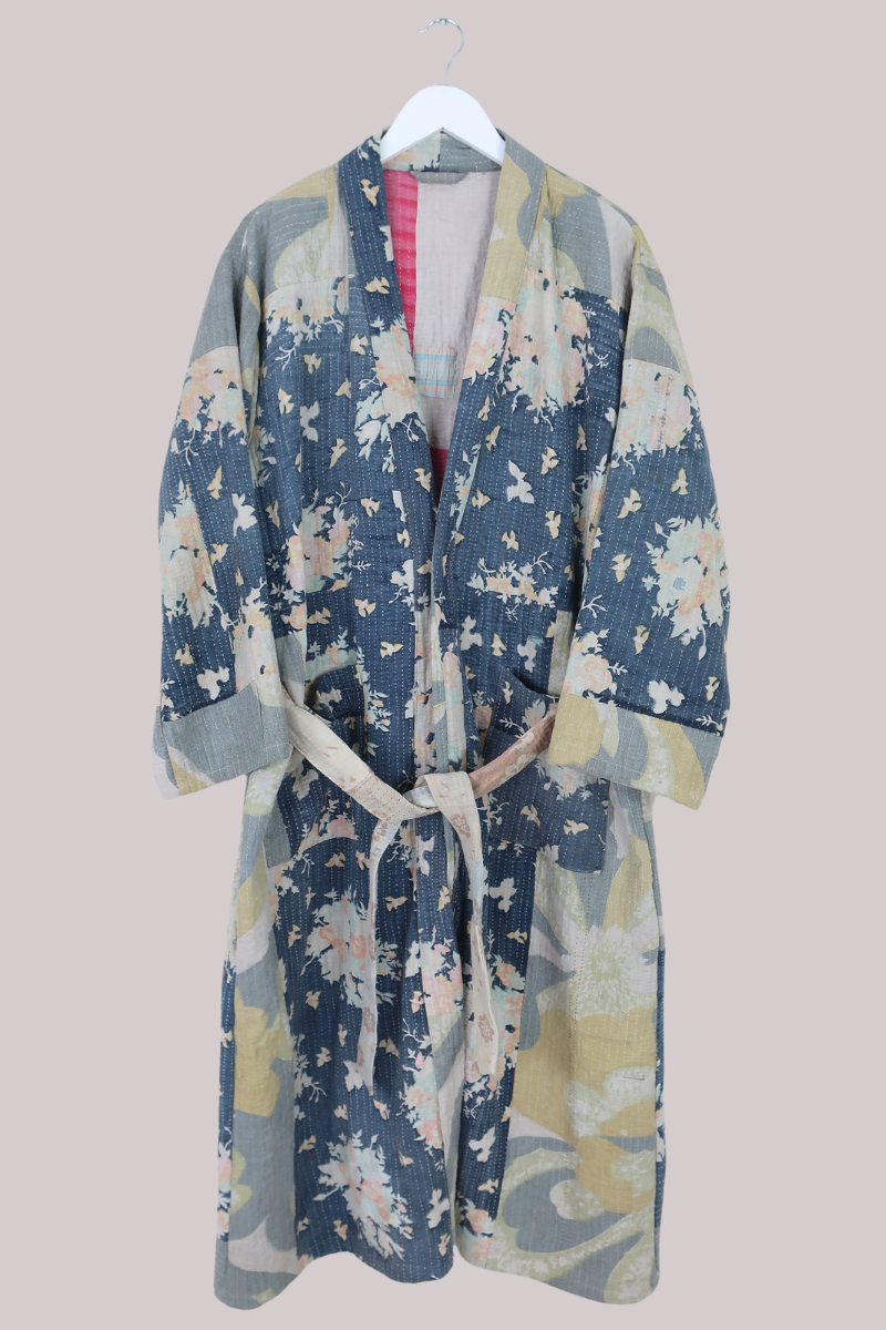 Vintage Kantha Robe in Hazy Pastel Petals - Free Size