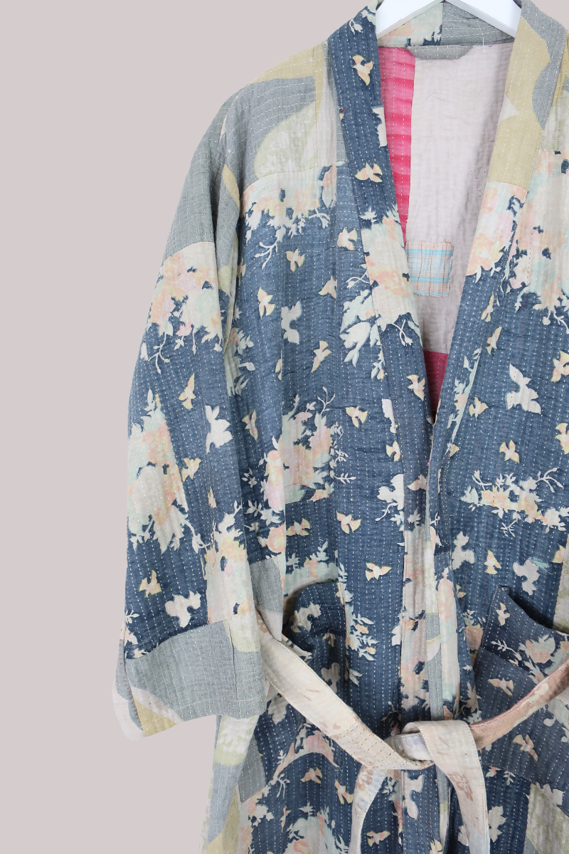 Vintage Kantha Robe in Hazy Pastel Petals - Free Size