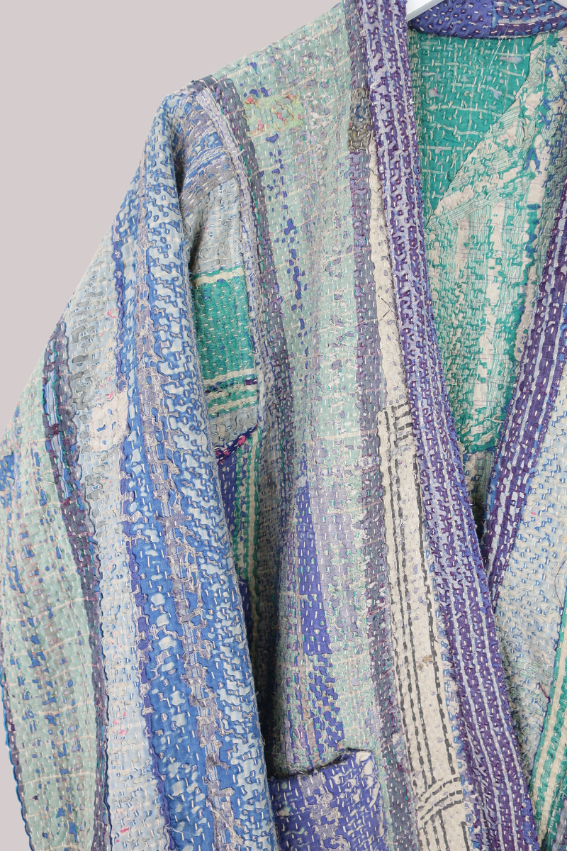 Vintage Kantha Liner Jacket in Hazy Shades Of Blue - Size M/L
