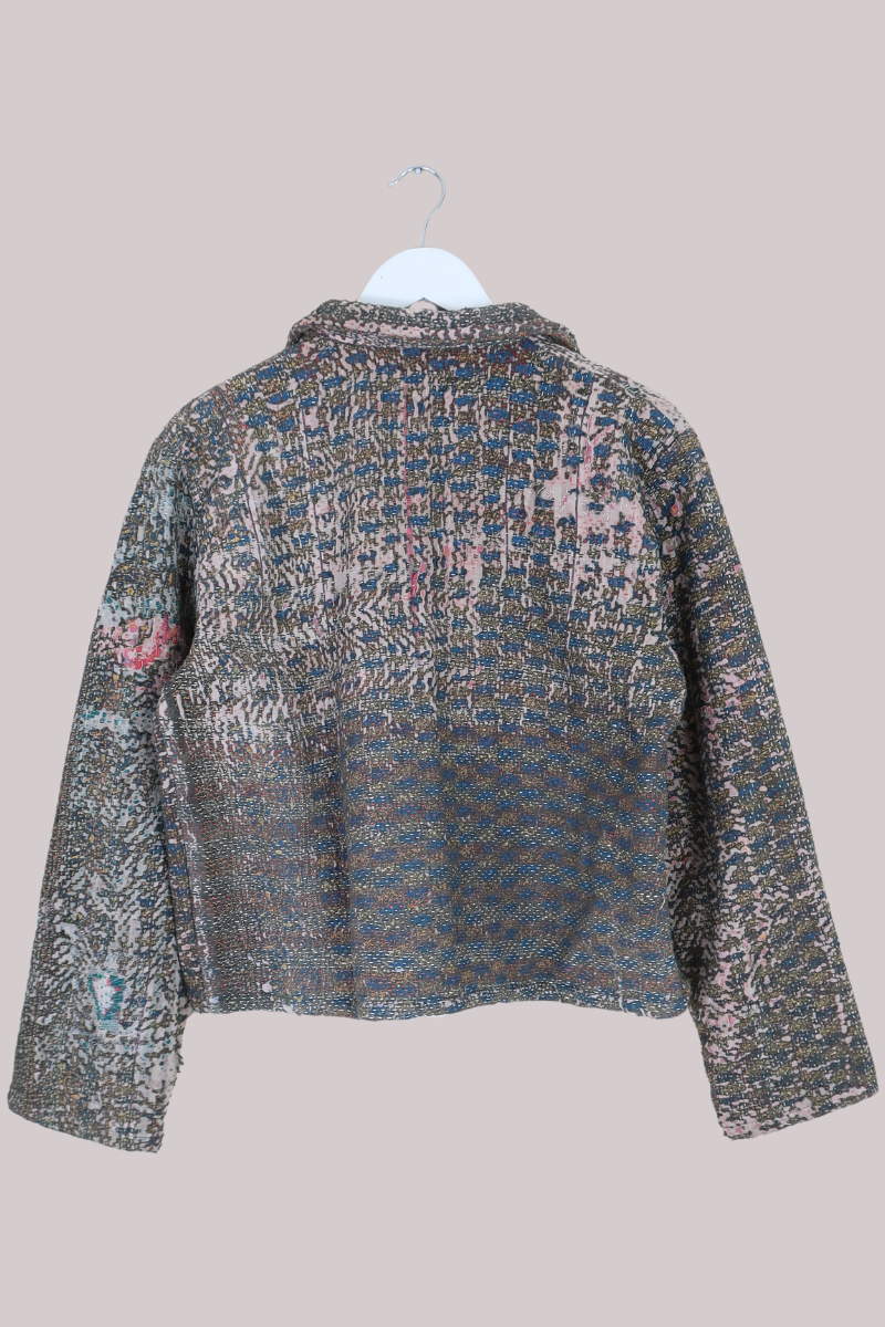Vintage Kantha Worker Jacket in Distressed Cocoa Tweed - Size S/M
