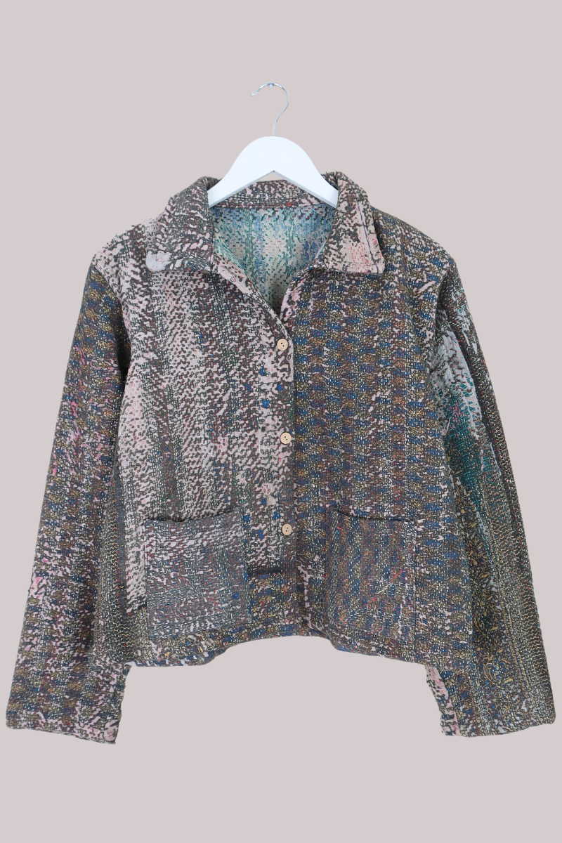 Vintage Kantha Worker Jacket in Distressed Cocoa Tweed - Size S/M