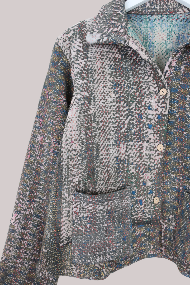 Vintage Kantha Worker Jacket in Distressed Cocoa Tweed - Size S/M