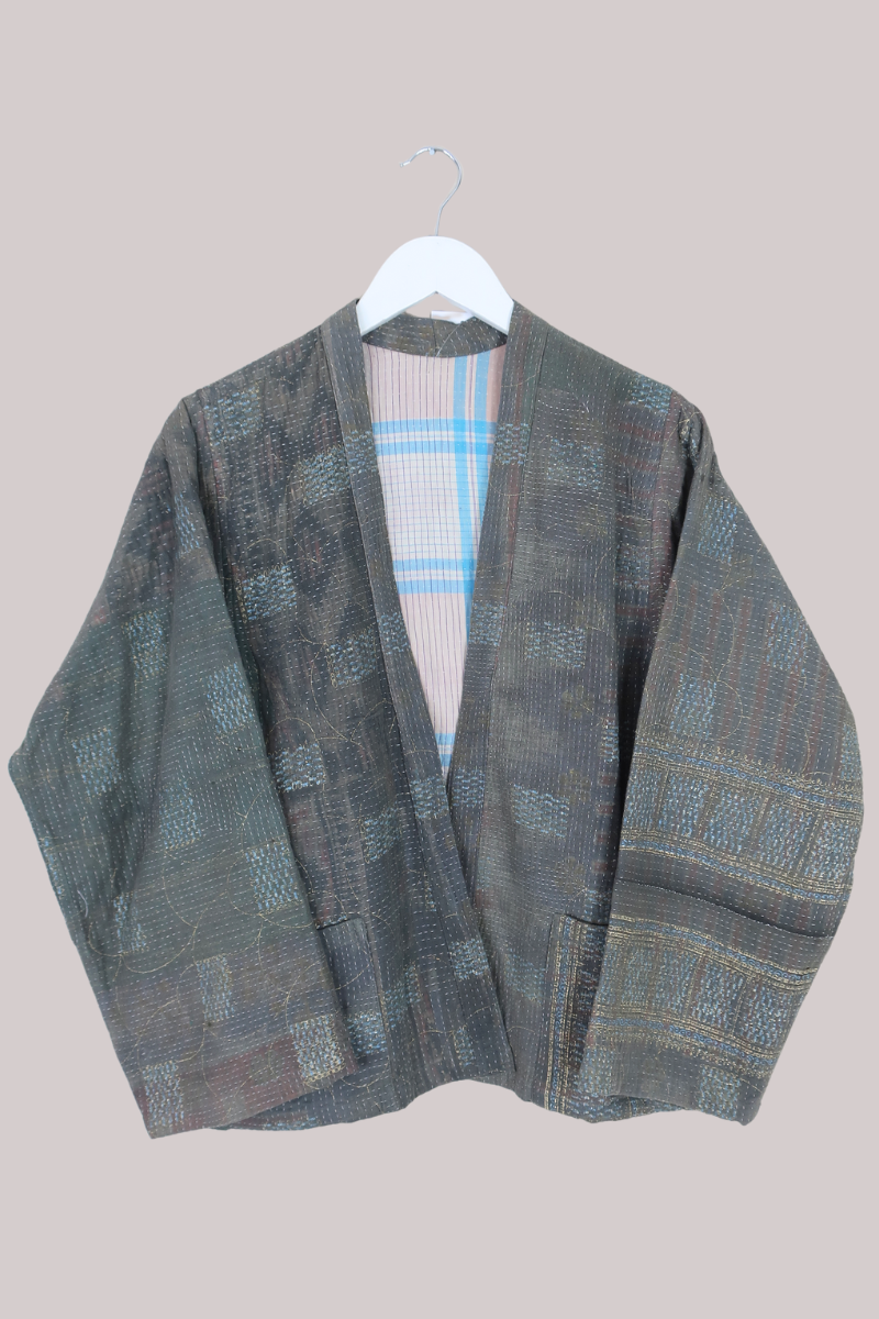 Vintage Kantha Liner Jacket in Cedar Brown Patchwork - Size M/L