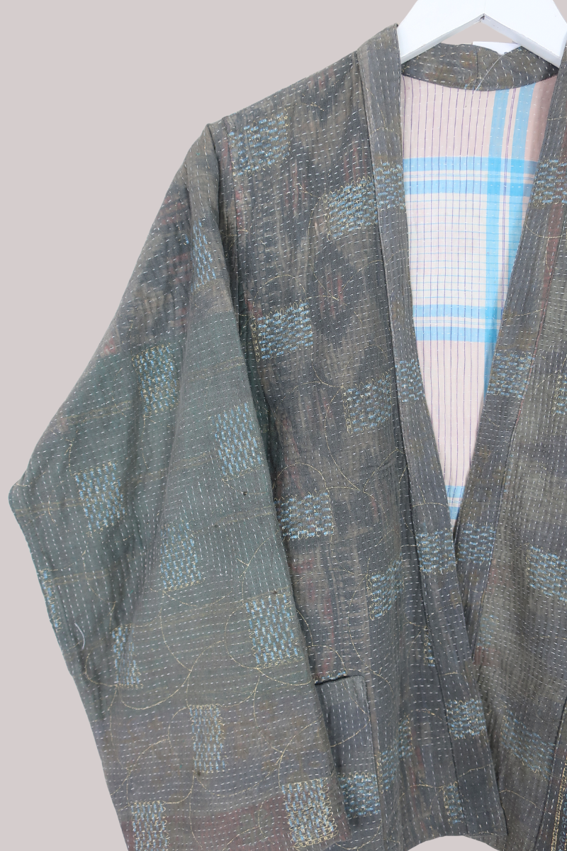 Vintage Kantha Liner Jacket in Cedar Brown Patchwork - Size M/L