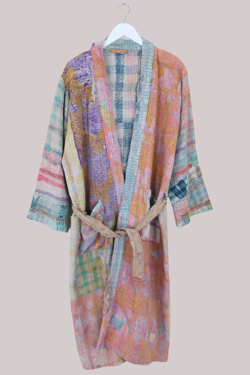 Vintage Kantha Robe in Watercolour Patchwork - Free Size