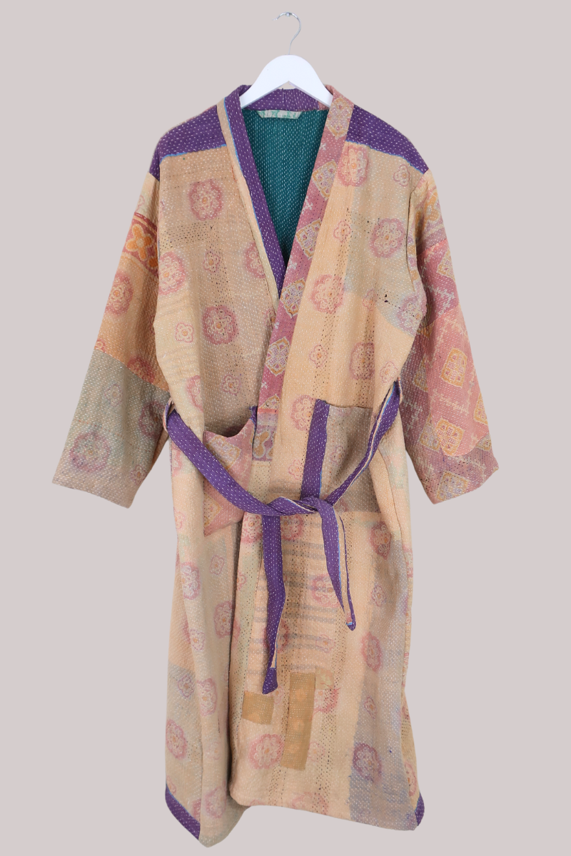 Vintage Kantha Robe in Peach Tapestry Florals - Free Size