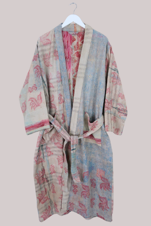 Vintage Kantha Robe in Delicate Patchwork Florals - Free Size