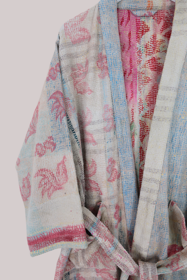 Vintage Kantha Robe in Delicate Patchwork Florals - Free Size