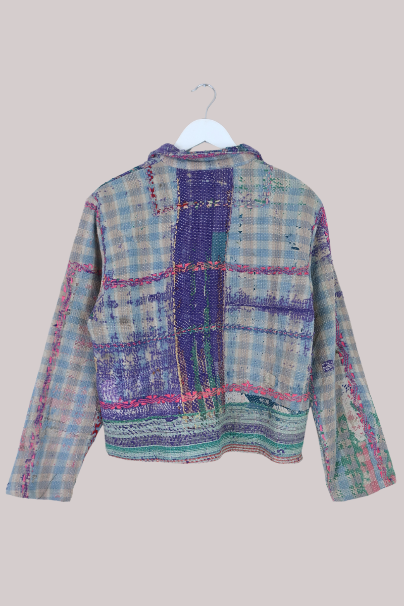 Vintage Kantha Worker Jacket in Vivid Distressed Gingham - Size S/M