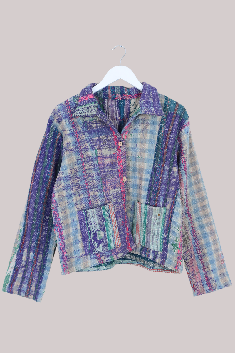 Vintage Kantha Worker Jacket in Vivid Distressed Gingham - Size S/M