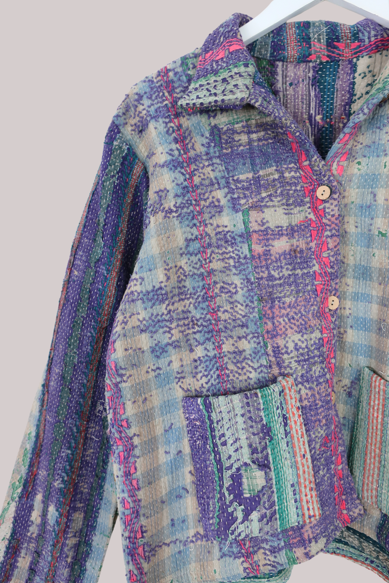 Vintage Kantha Worker Jacket in Vivid Distressed Gingham - Size S/M
