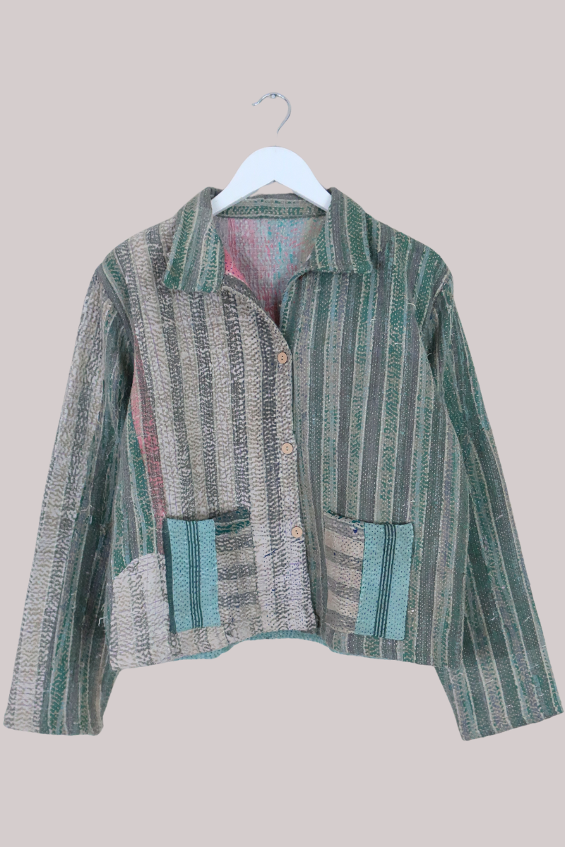 Vintage Kantha Worker Jacket in Grapejuice Stripe - Size S/M
