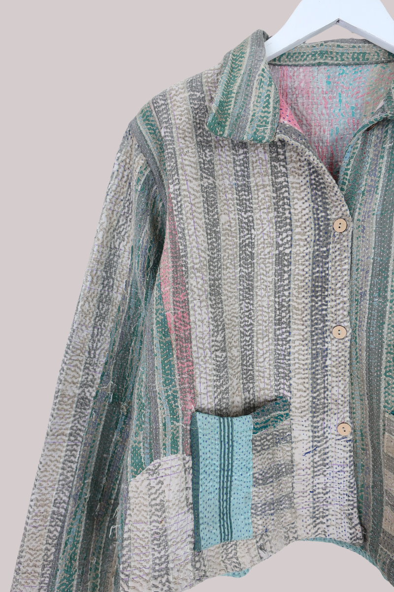Vintage Kantha Worker Jacket in Grapejuice Stripe - Size S/M