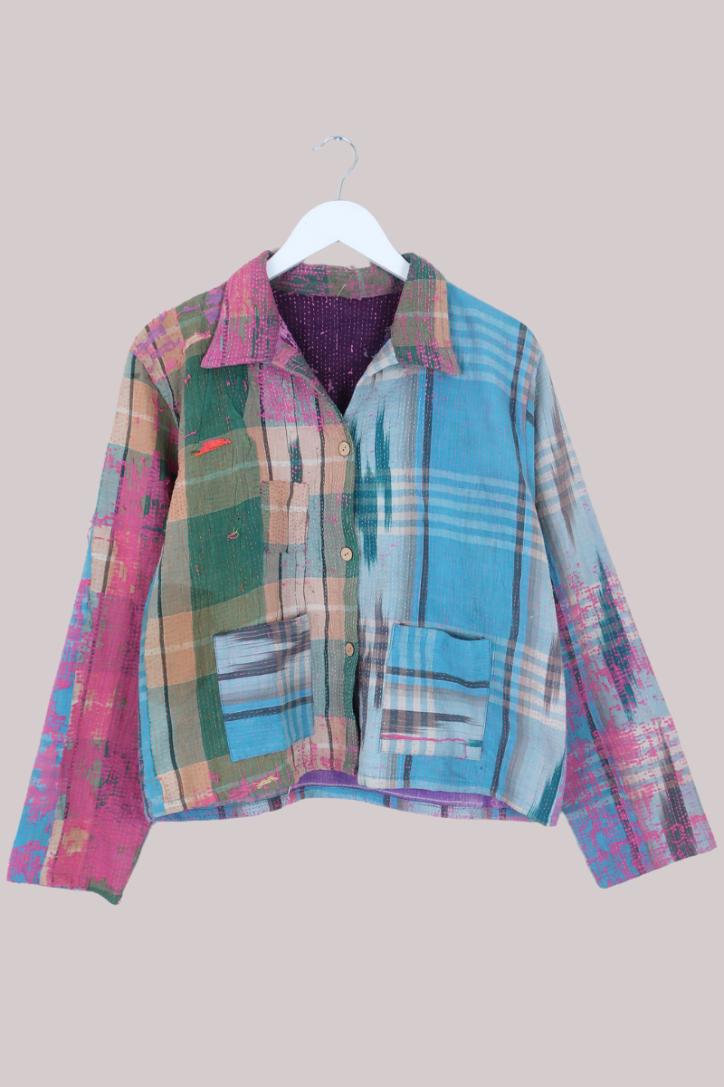 Vintage Kantha Worker Jacket in Paintbox Plaid - Size S/M
